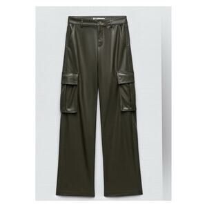 ZARA Faux Leather High Waist Wide Leg Cargo Pants 6 Green